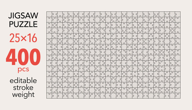 Empty jigsaw puzzle grid template, 25x16 shapes, 400 pieces. Separate matching puzzle elements. Flat vector illustration layout, every piece is a single shape.