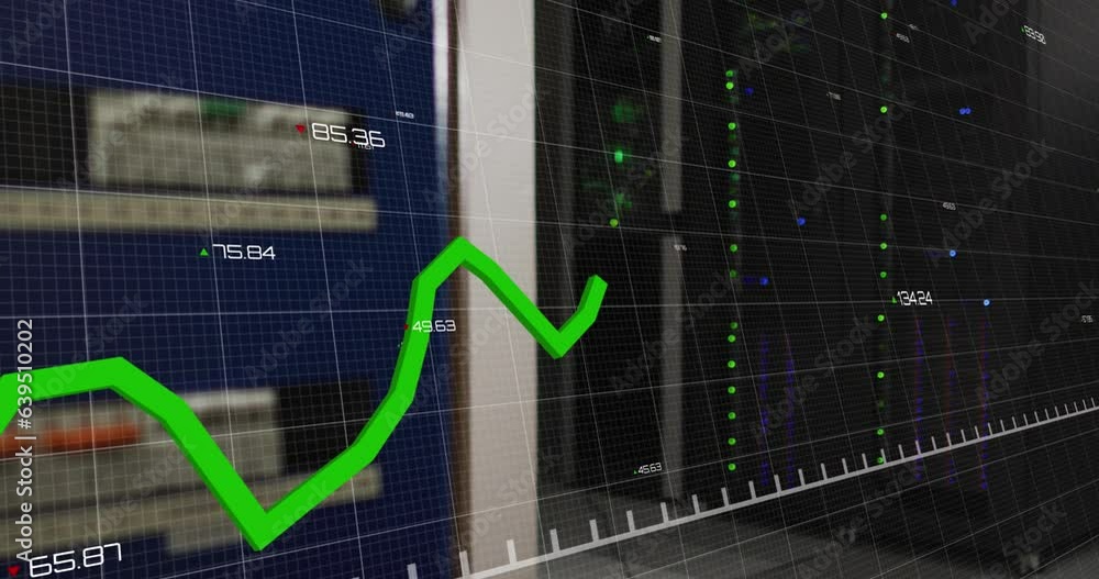 Poster animation of graph with changing numbers over illuminated data server systems in server room