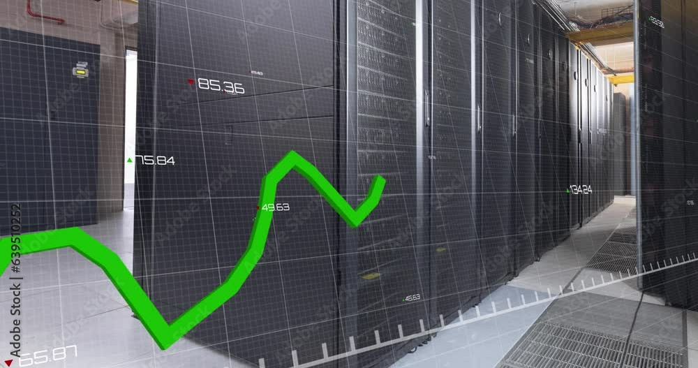 Poster animation of graph with changing numbers over illuminated data server racks in server room