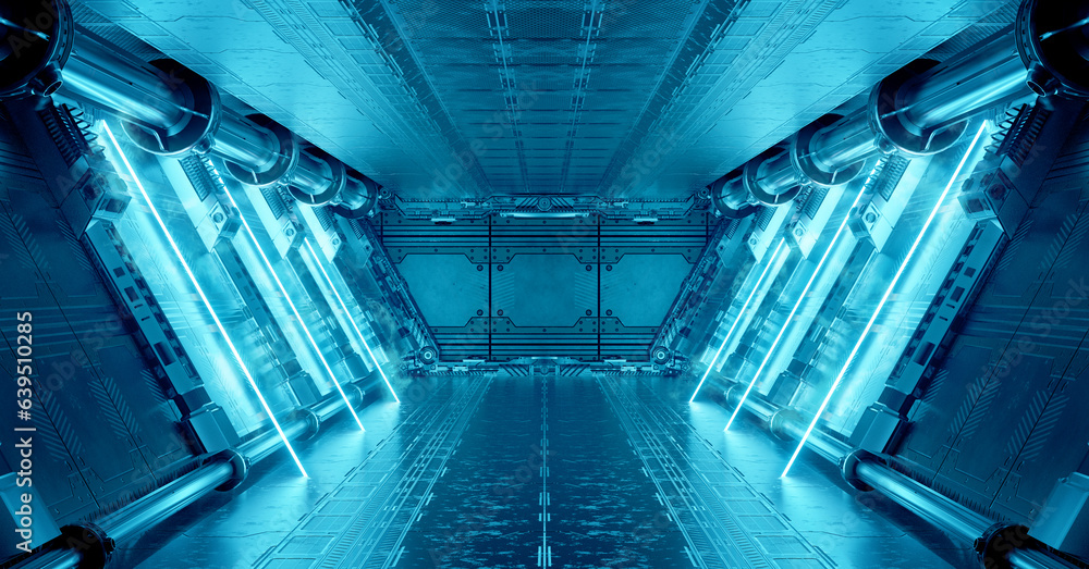 Poster blue spaceship interior with neon lights on panel walls. futuristic corridor in space station backgr