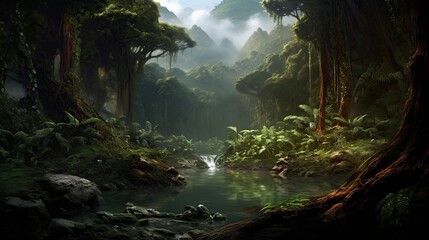 Naklejka na ściany i meble Fantasy landscape with a waterfall in the jungle