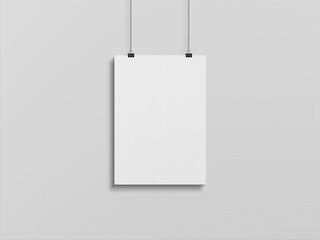 Blank vertical poster hanging with clips on a white wall Mockup. 3D rendering