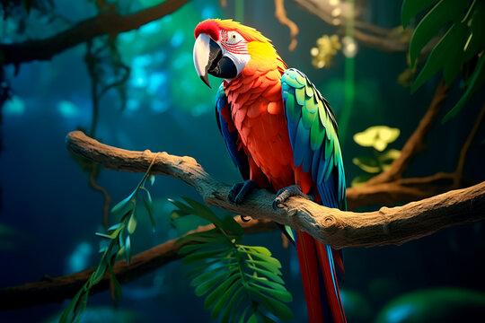 A beautiful colorful parrot on a tree branch in the forest