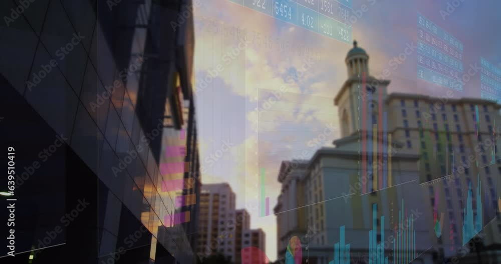 Poster animation of multiple graphs, numbers charts over low angle view of buildings against cloudy sky