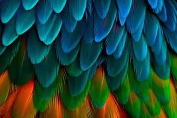 Fototapeta premium Colorful parrot feathers close-up. Parrot feathers background