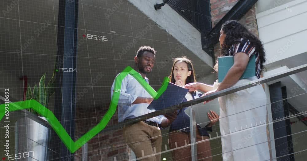 Aufkleber animation of graph with changing numbers over diverse coworkers discussing in balcony of office