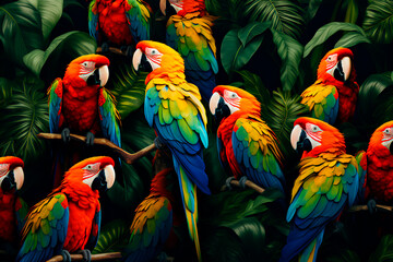 Naklejka premium Pattern with colored parrots. Background, parrot wallpaper