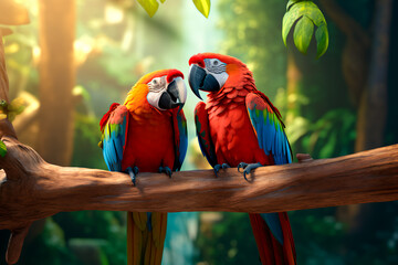 Two brightly colored parrots in love on a tree branch in the forest