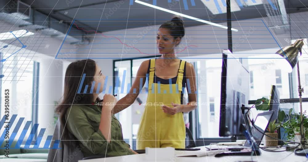 Poster animation of multiple graphs, changing number, loading circles, female coworkers discussing on desk