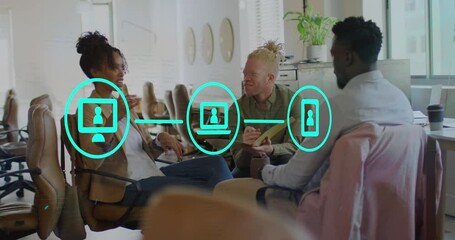 Animation of flowchart of icons over diverse coworkers sharing ideas in office - Powered by Adobe