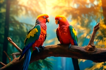 Two brightly colored parrots in love on a tree branch in the forest.
