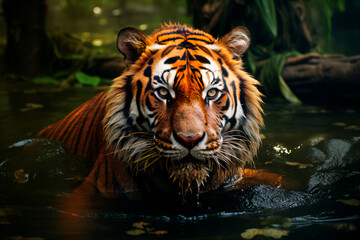 Tiger swims in the river in the forest