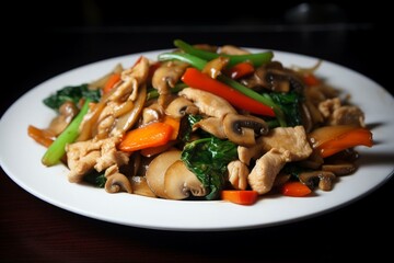 A savory dish comprising of chicken and veggies stir-fried in Chinese cooking. Generative AI
