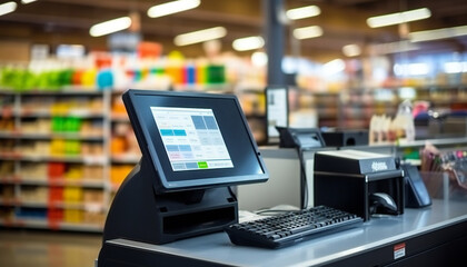 Black cash register with a blank computer monitor screen