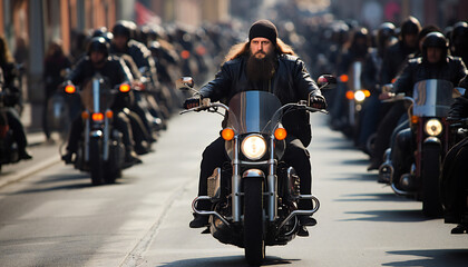 Bikers donning leather jackets and pants in the midst of the biker parade on the city street
