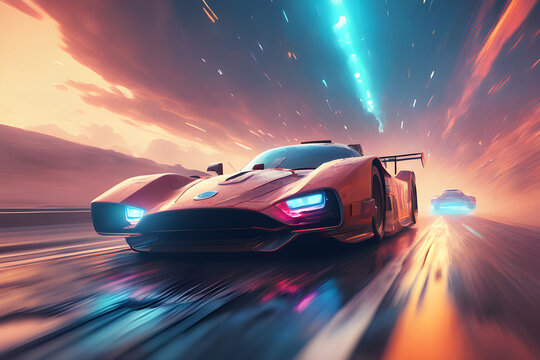 Future race wallpaper. A futuristic racing car rushes along the fast track. Dynamic racing scene. Fantastic illustration.