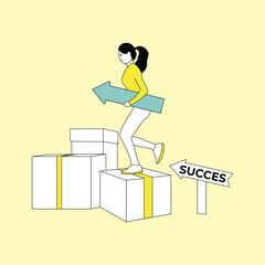 Young business woman running up carrying an arrow to the road of success.
Flat cartoon vector illustration.