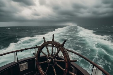View from ship's wheel on pirate ship, sailing in open sea with stormy clouds. Generative AI