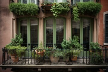 Fototapeta na wymiar Window doors and balcony adorned with three potted greens. Generative AI