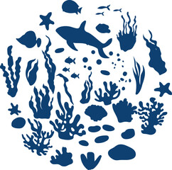 Fototapeta na wymiar Ocean life vector silhouette elements collection.