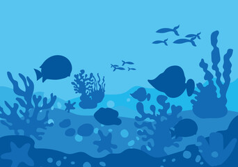 Naklejka premium Underwater ocean fishes and corals silhouette vector background.