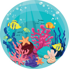 Fototapeta na wymiar Underwater ocean life round vector illustration.