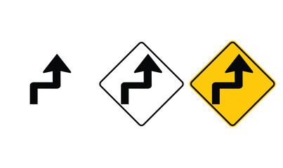 icon Narrow Radius Curve Sign Begins Right yellow outline traffic warning sign design for yellow background and black and white background