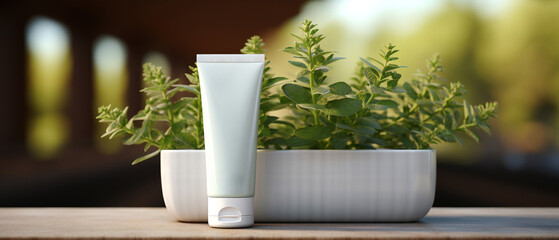 An empty white label tube mockup of a cosmetic product on a table adorned with green leaves.
