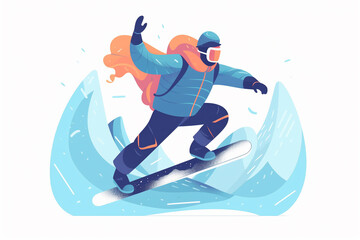 Snowboarding.  illustration of a jumping snowboarder in trendy flat style, isolated on snow mountains background