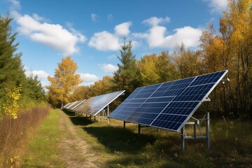 Solar panels installed in Ontario, Canada, surrounded by trees against a backdrop of blue sky. Generative AI