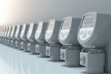 Row of smart electric meters, designed for energy efficiency. 3D illustration. Generative AI
