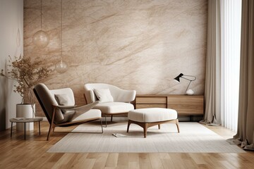Modern beige lounge with chair and wall decor. Generative AI