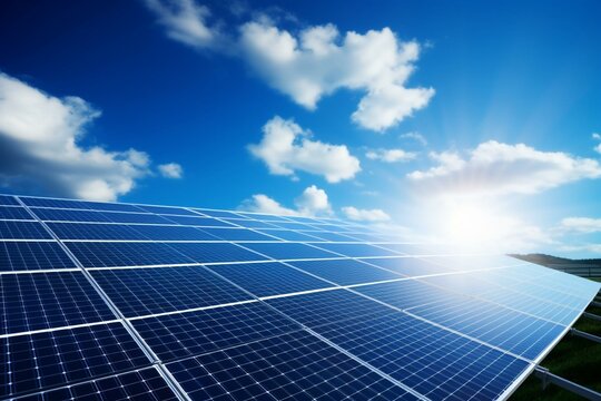 Solar panel installation against the blue sky. Renewable energy production through solar power plant. Generative AI