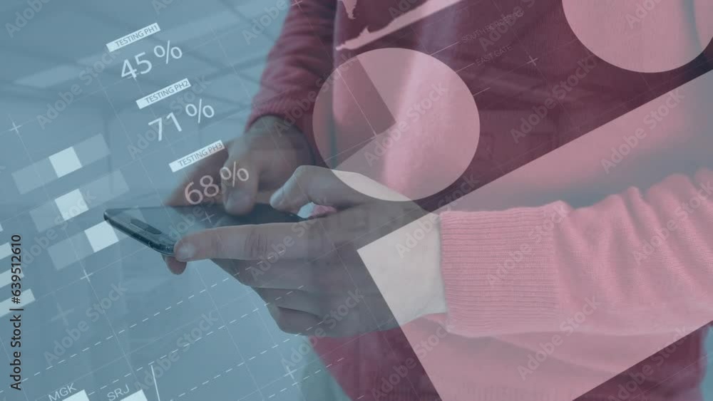 Poster animation of statistical data processing against mid section of a man using smartphone
