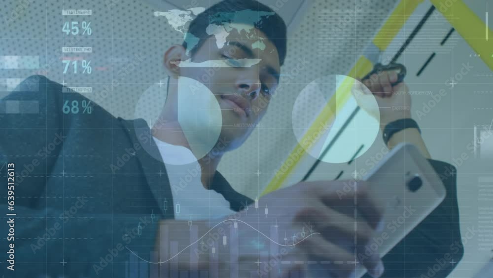 Poster Animation of statistical data processing against low angle of biracial man using smartphone in a bus