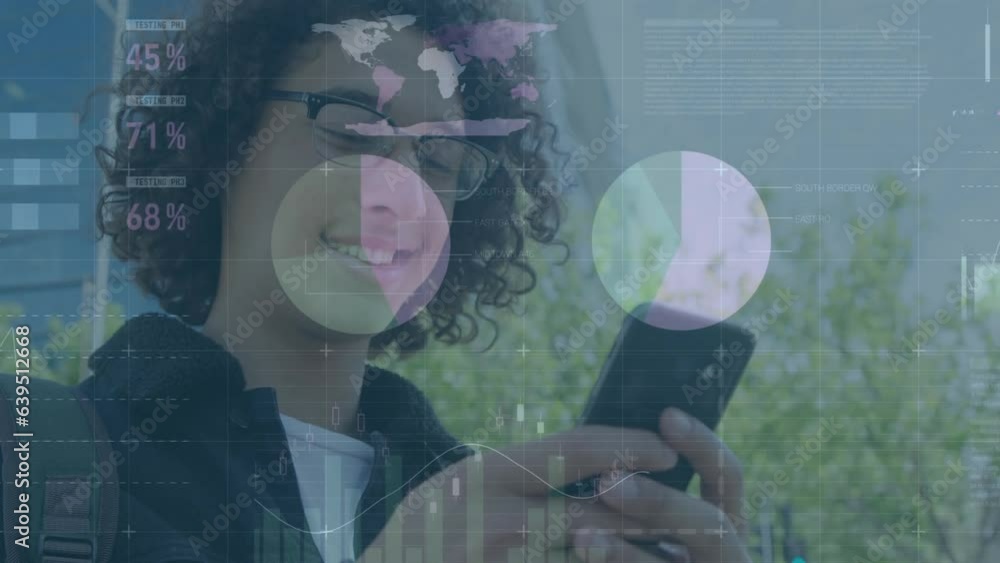 Poster animation of statistical data processing against happy biracial man using smartphone outdoors