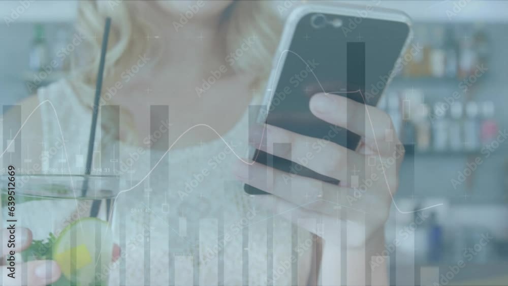 Poster animation of statistical data processing against mid section of woman using smartphone at a bar