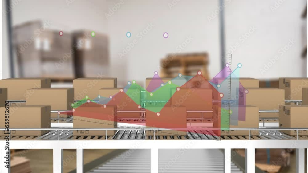 Aufkleber animation of statistical data processing over delivery boxes on conveyer belt against warehouse