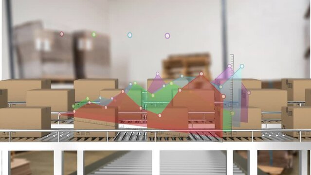 Animation of statistical data processing over delivery boxes on conveyer belt against warehouse