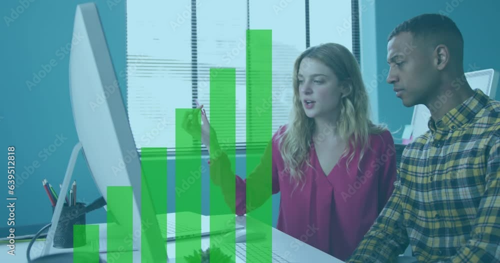 Poster animation of statistical data processing against diverse man and woman discussing at office