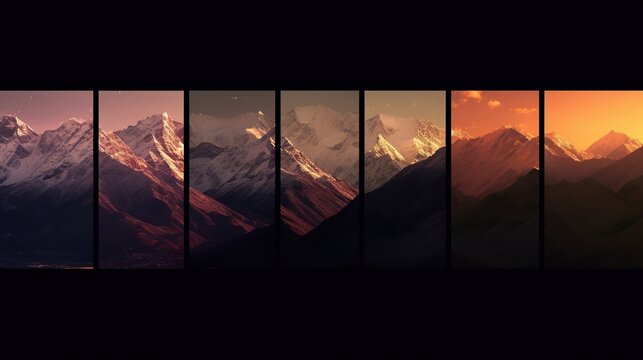 Beautiful sunset in the mountains. Collage of photos on a black background.