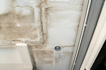 Ceiling panels with fungus outside house from water pipes damaged or rainy leaked. Office building...