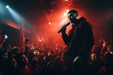 Rapper with microphone in hand and audience looking - obrazy, fototapety, plakaty