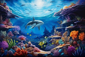 Oceanic backdrop with diverse marine life and charming sea creatures. Generative AI