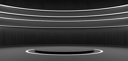 circular podium laser showroom tunnel product prop dark tone product placement studio arch stage Modern empty circular arena. Round tube 3D illustration