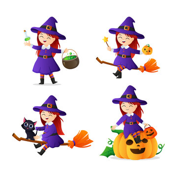 Set of illustration of a girl in witch costume vector flat illustration. Collection of cute funny halloween cartoon witch character with different poses on white background.