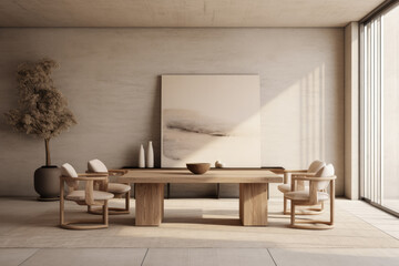 Beige minimalist interior design with chairs and a table