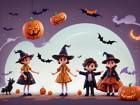 Illustration of halloween background with silhouettes of children trick in halloween costume. ai generated