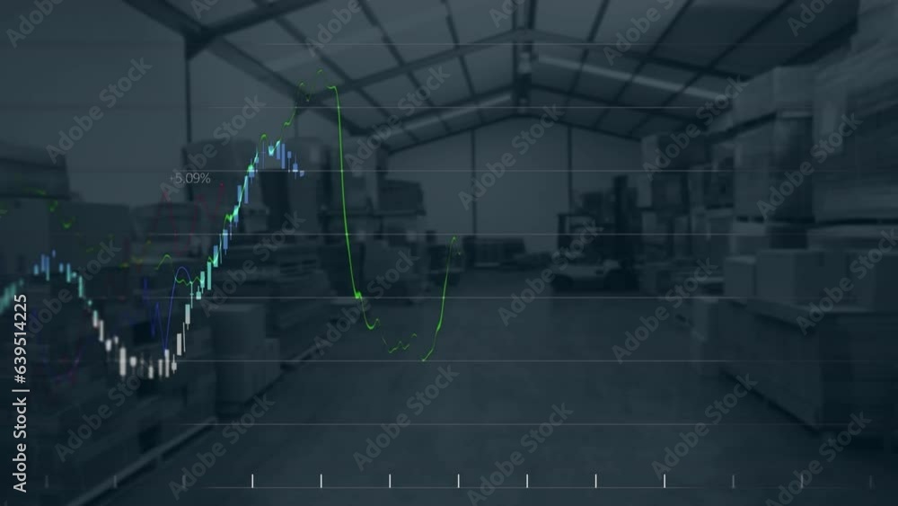 Poster animation of multiple graphs with changing numbers over cardboard boxes and forklift in warehouse