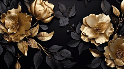 Luxurious golden, dark floral background.